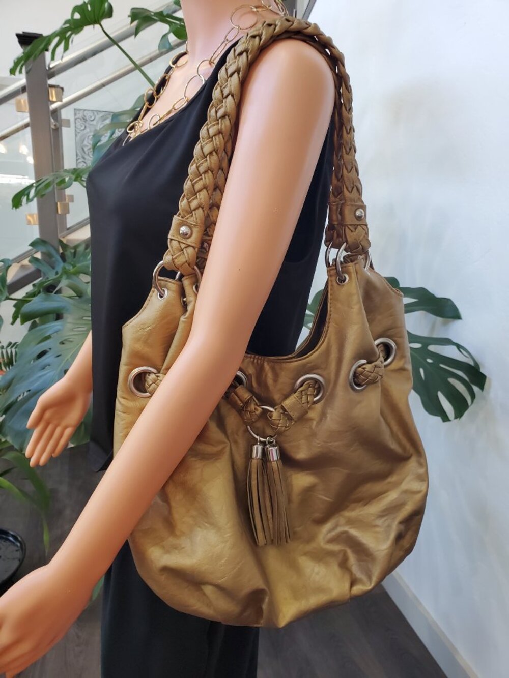 Bueno Braided Hobo Bag Slouch Bucket Large Gold / Tan Shoulder Purse Tassels
